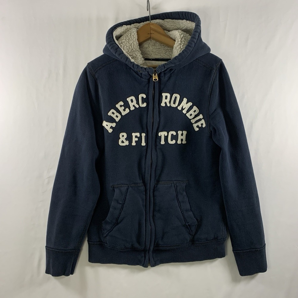 Abercrombie Fitch Mens Y2K Thick Sherpa Lined Full Zip Hoodie Size M Blue